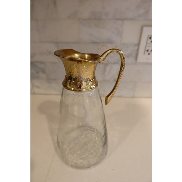 Textured Glass Hammered Brass Water Pitcher Jug with Handle 10" Tall - Picture 2 of 5